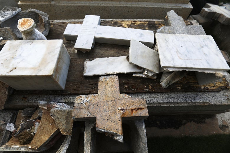 Toppled gravestones in a Puerto Rico cemetary